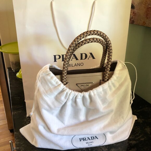 PRADA City Calfskin Braided Medium Double Bag Cammeo Beige - Picture 15 of 16